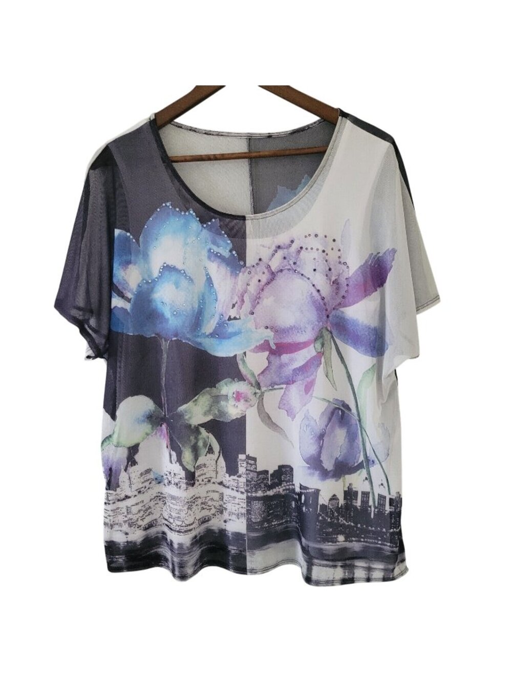 Style & Co Floral & City Skyline Blouse With Tank Womens Size L Rhinestones
